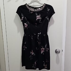 Xhilaration Black Dress with Pink Floral and Silver Trim